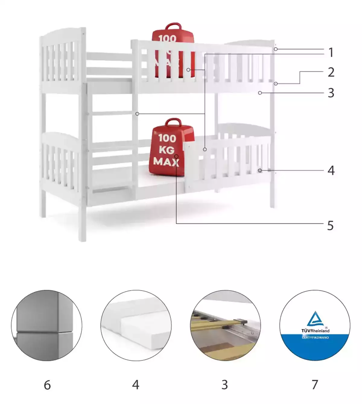 Komponenty na poschodovú posteľ pre mládež KUBUŚ 90X200 s matracom, biela