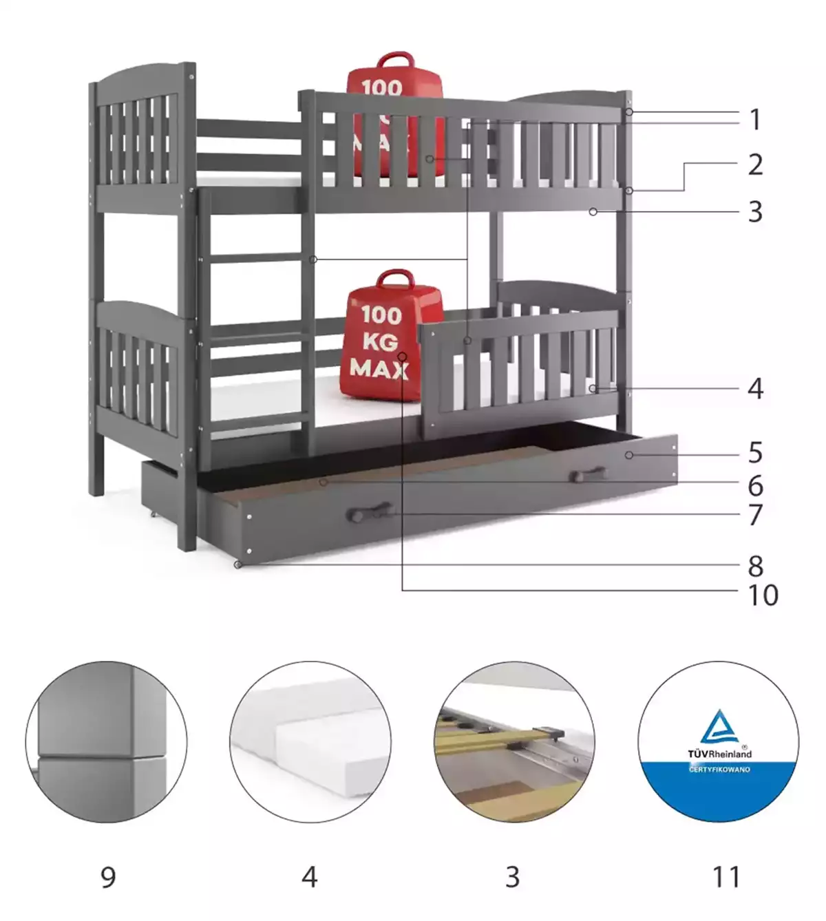 Komponenty pre poschodovú posteľ pre mládež KUBUŚ 90X200 s matracom a zásuvkou, grafit