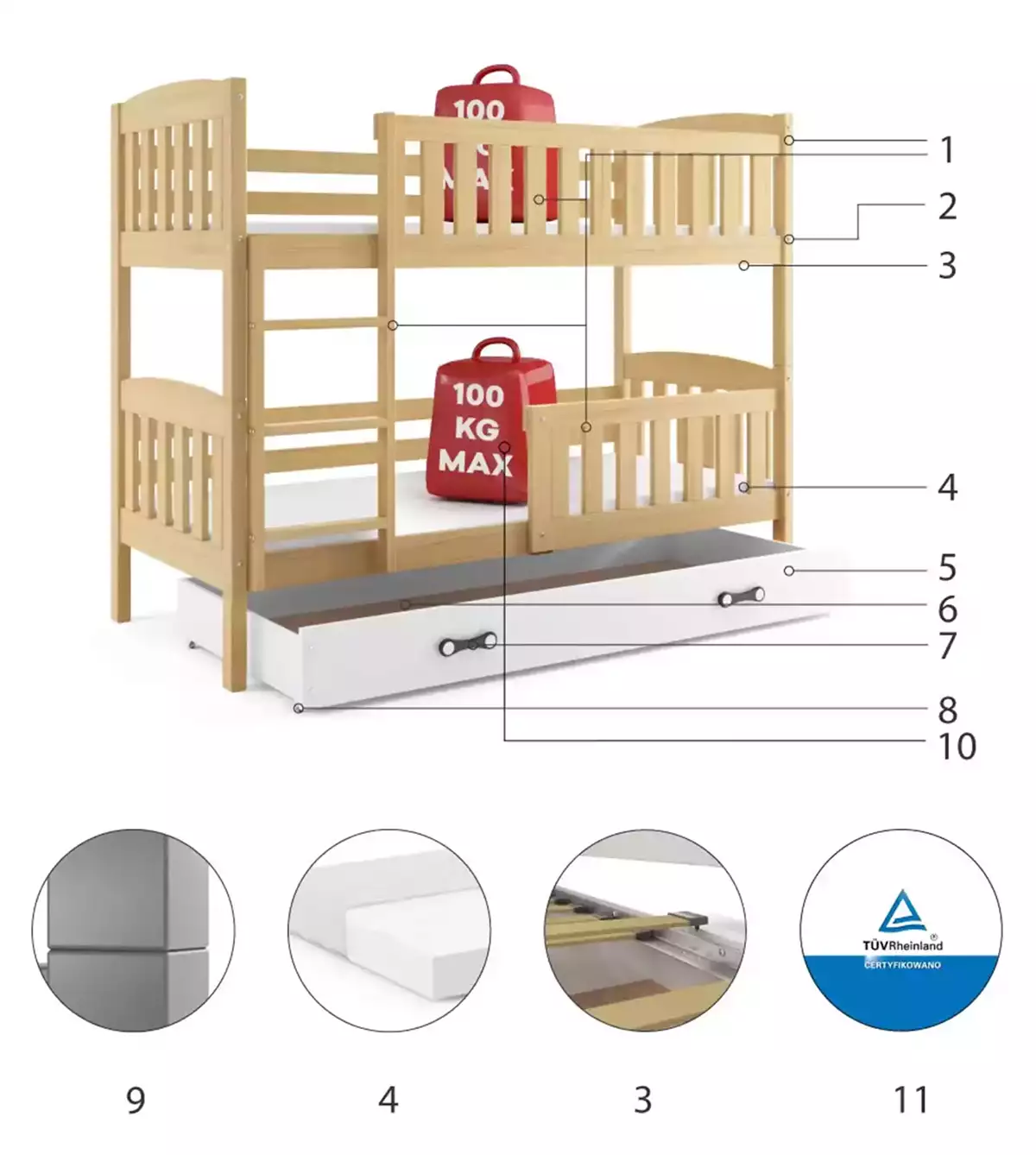 Komponenty pre poschodovú posteľ pre mládež KUBUŚ 90X200 s matracom a zásuvkou, borovica/biela