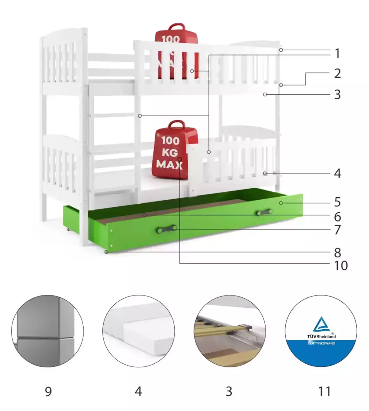 Komponenty na poschodovú posteľ pre mládež KUBUŚ 90X200 so zásuvkou, bielo/zelená