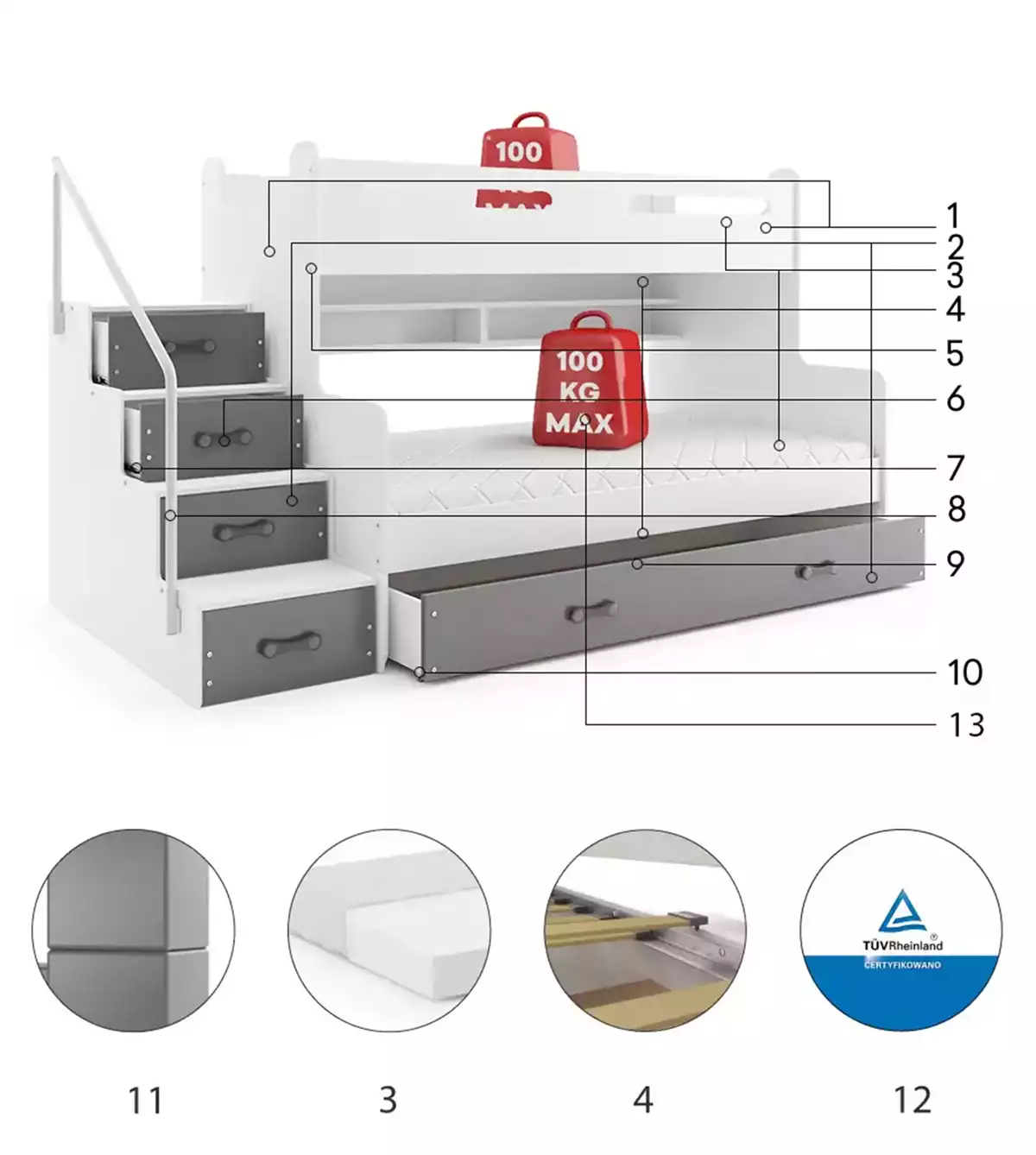Komponenty pre poschodovú posteľ pre mládež MAX 3 120X200 s matracom a zásuvkou, grafit