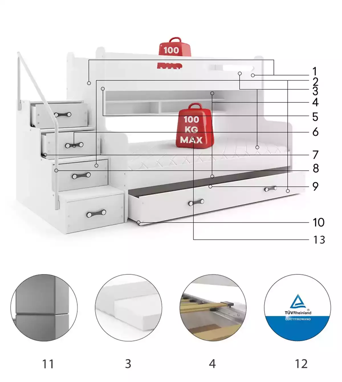 Komponenty pre mládež poschodová posteľ MAX 3 120X200 so zásuvkou, biela