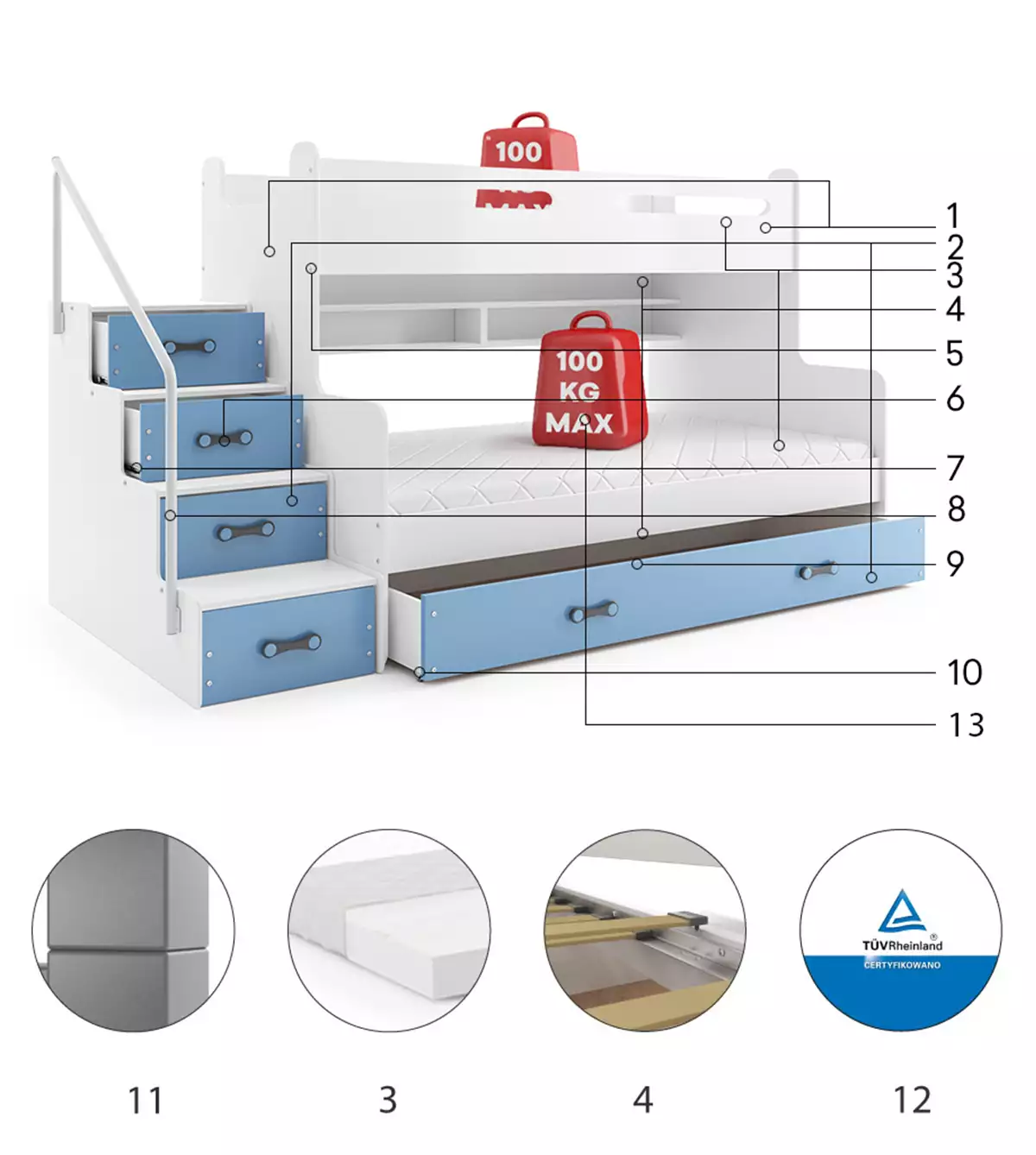 Komponenty pre mládež poschodová posteľ MAX 3 120X200 so zásuvkou, modrá