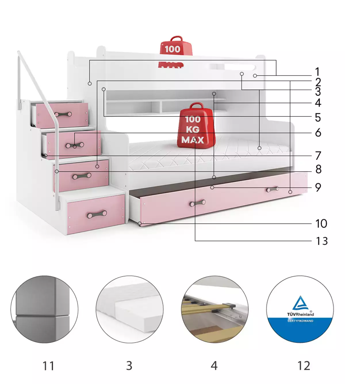 Komponenty pre mládež poschodová posteľ MAX 3 120X200 so zásuvkou, ružová