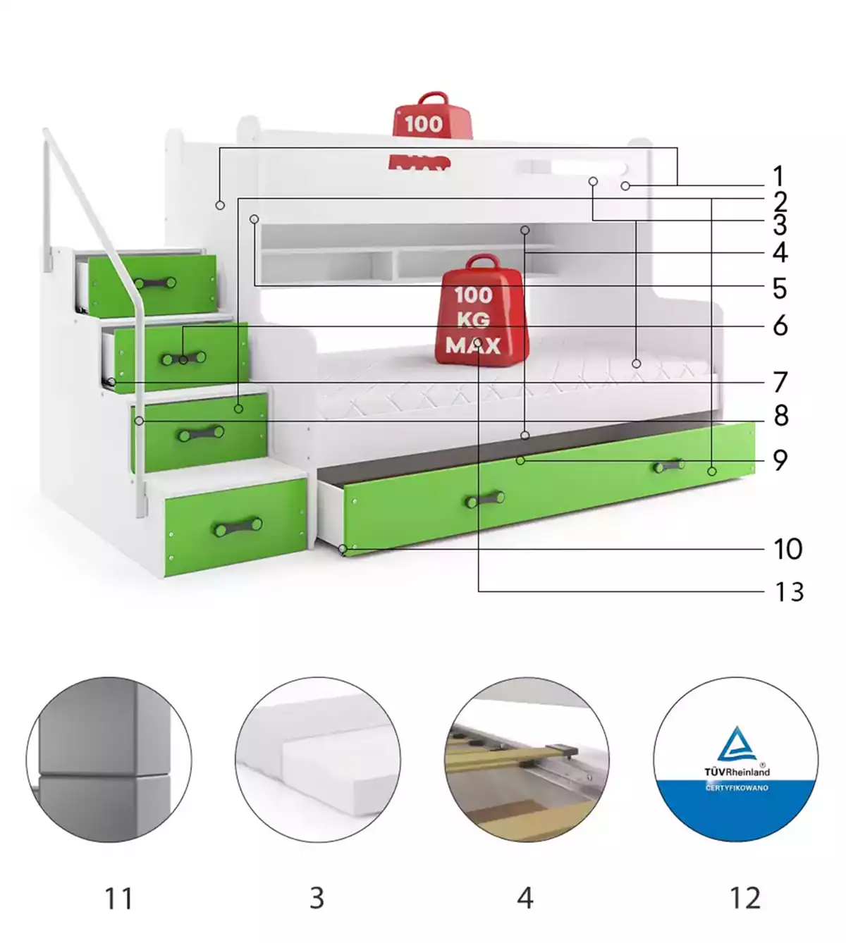 Komponenty pre mládež poschodová posteľ MAX 3 120X200 so zásuvkou, zelená Komponenty pre mládež poschodová posteľ MAX 3 120X200 so zásuvkou, zelená