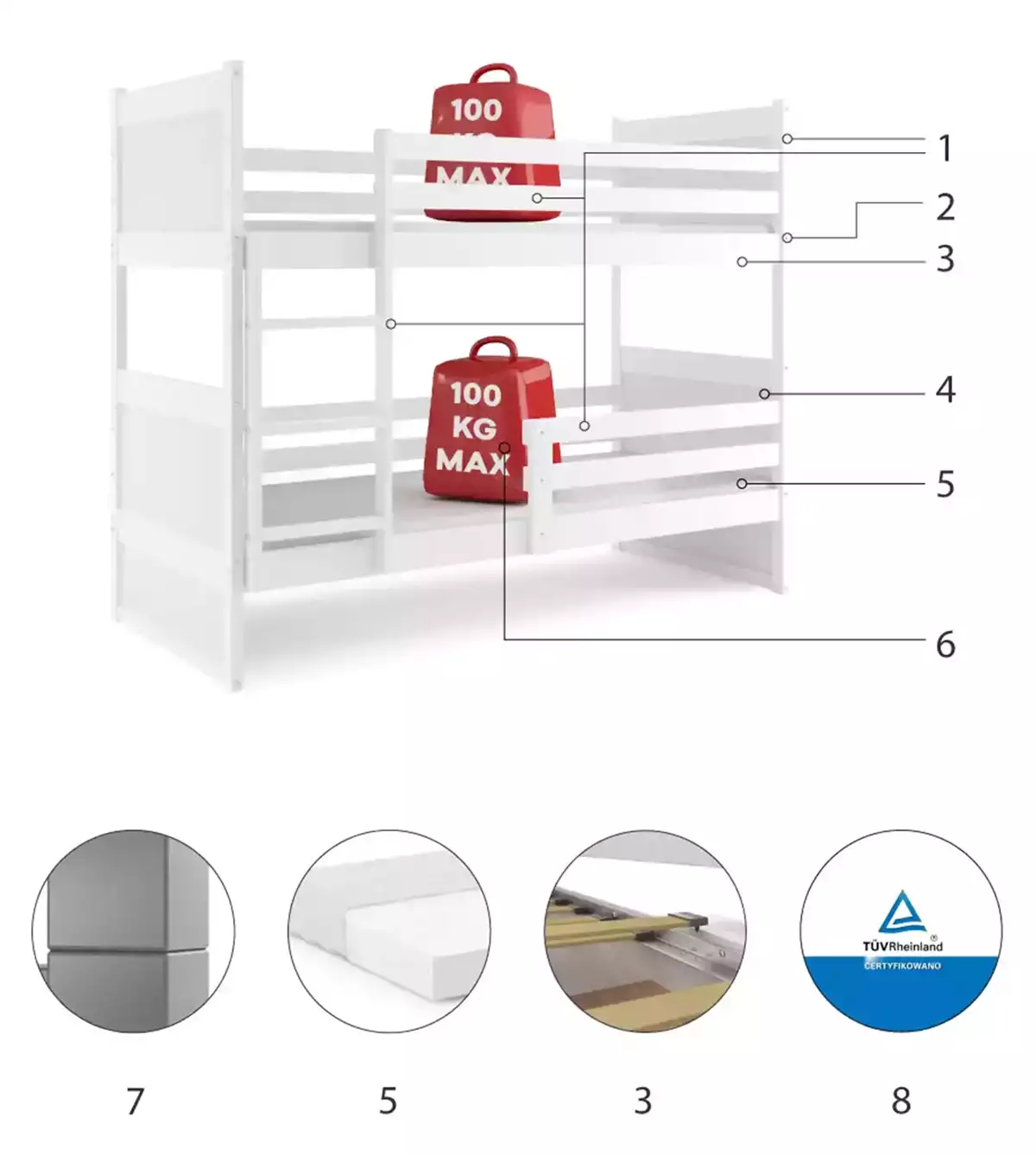 Komponenty na poschodovú posteľ RICO 90X200 pre tínedžerov, biela