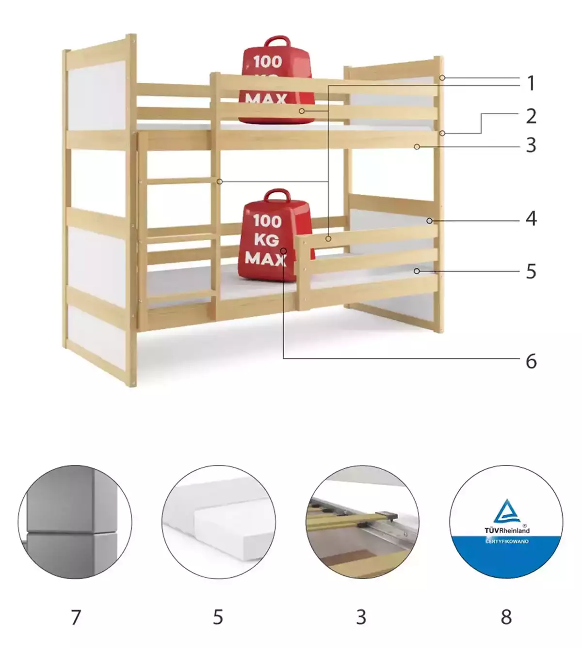 Komponenty na poschodovú posteľ Youth RICO 90X200, borovica/biela