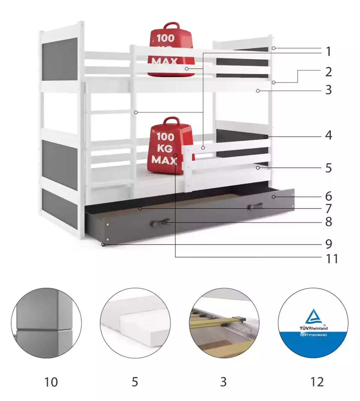 Komponenty na poschodovú posteľ pre mládež RICO 90X200 s matracom a zásuvkou, biela/grafit