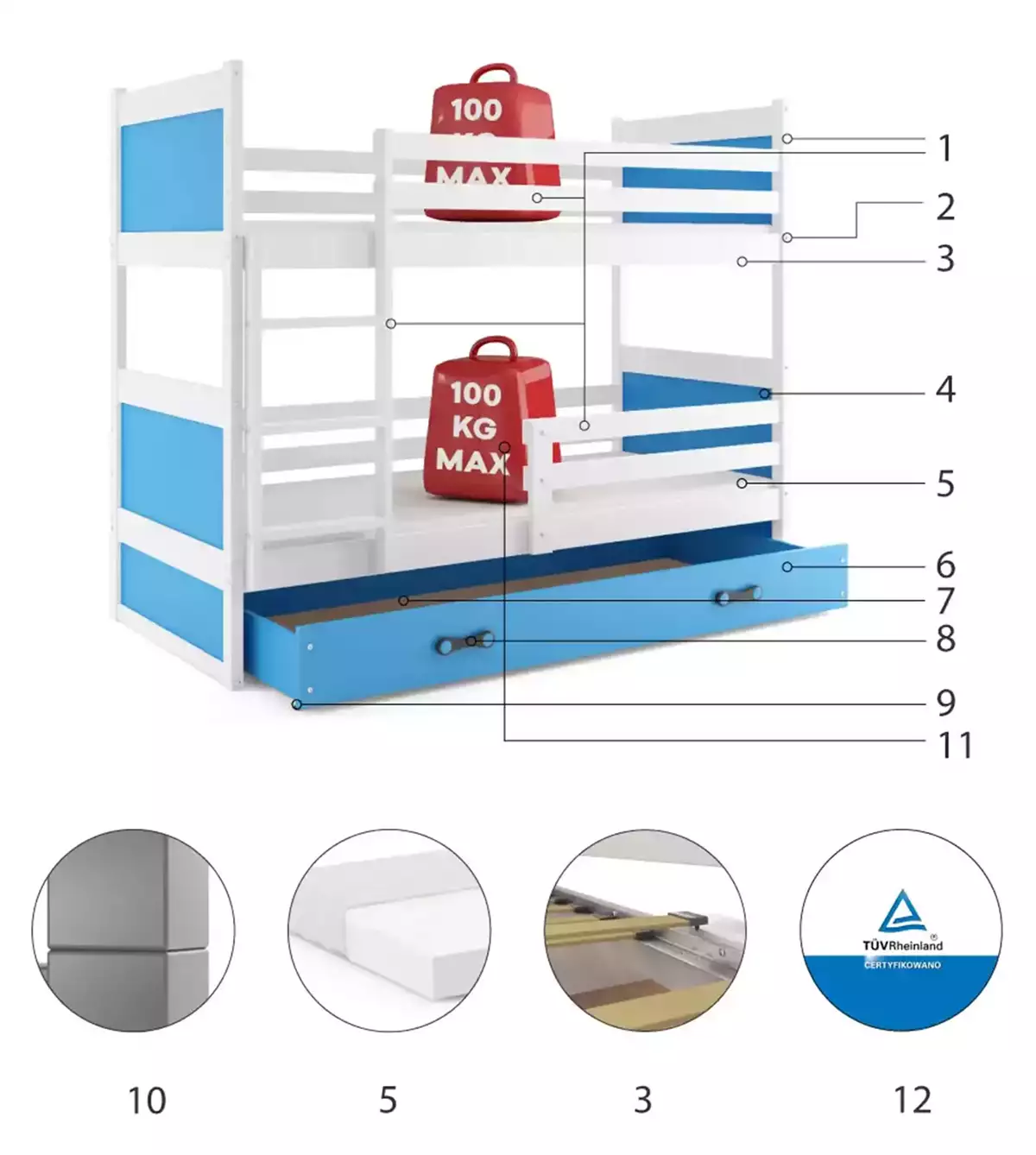 Komponenty na poschodovú posteľ pre mládež RICO 90X200 s matracom a zásuvkou, bielo/modrá