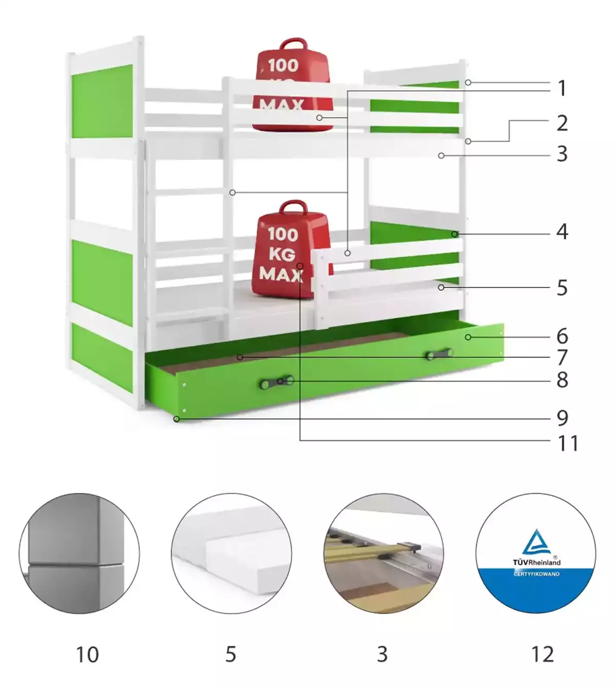 Komponenty pre poschodovú posteľ RICO 90X200 pre tínedžerov s matracom a zásuvkou, biela/zelená