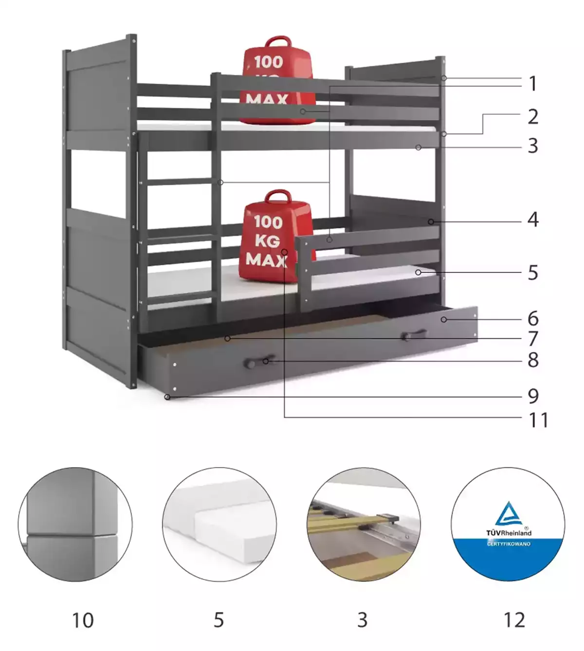 Komponenty na poschodovú posteľ pre mládež RICO 90X200 s matracom a zásuvkou, grafit