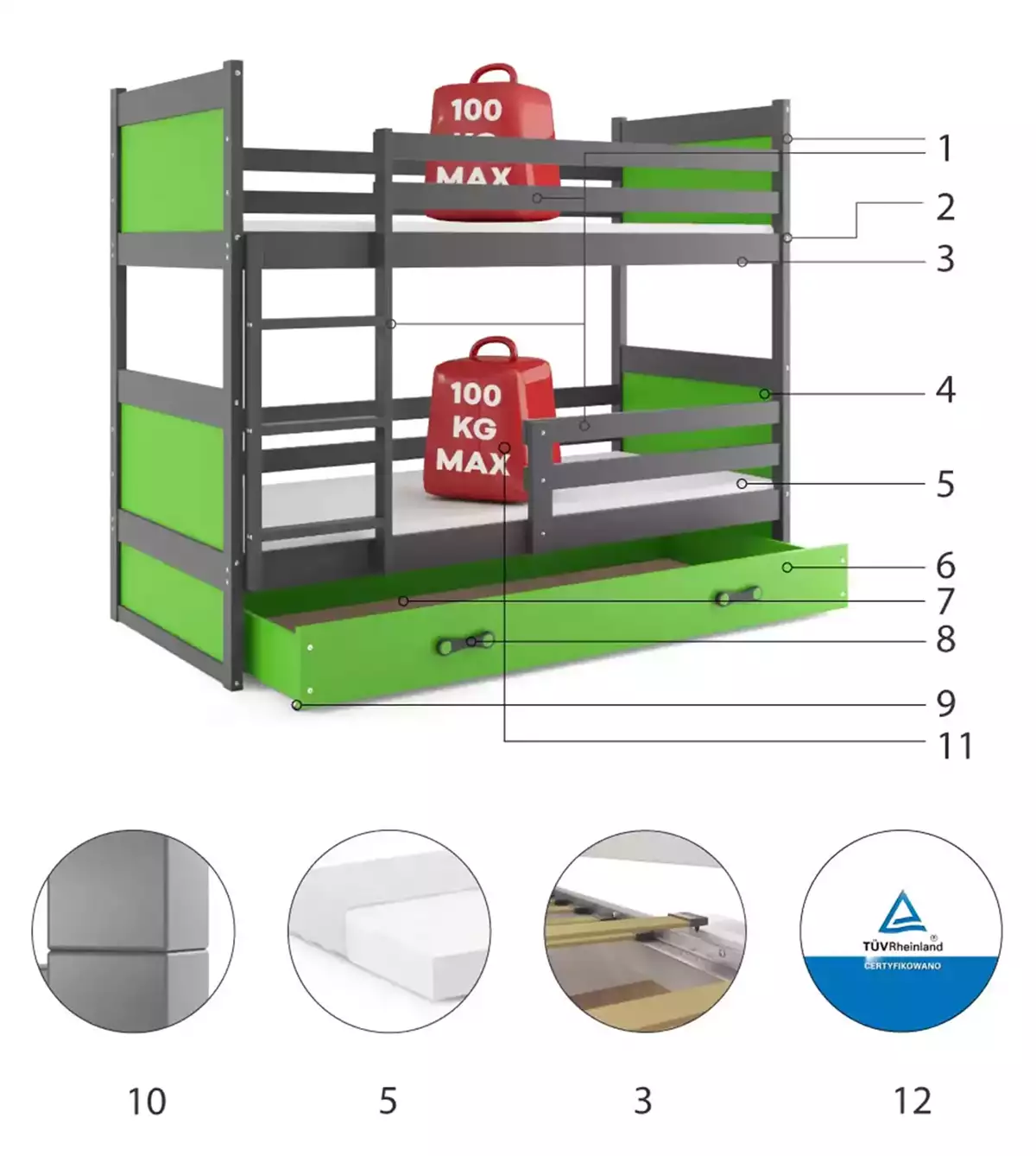 Komponenty pre poschodovú posteľ RICO 90X200 pre tínedžerov s matracom a zásuvkou, grafit/zelená