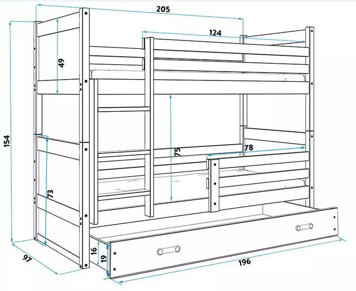 Rozmery a špecifikácie poschodovej postele RICO 90X200 pre tínedžerov s matracom a zásuvkou, borovica/grafit