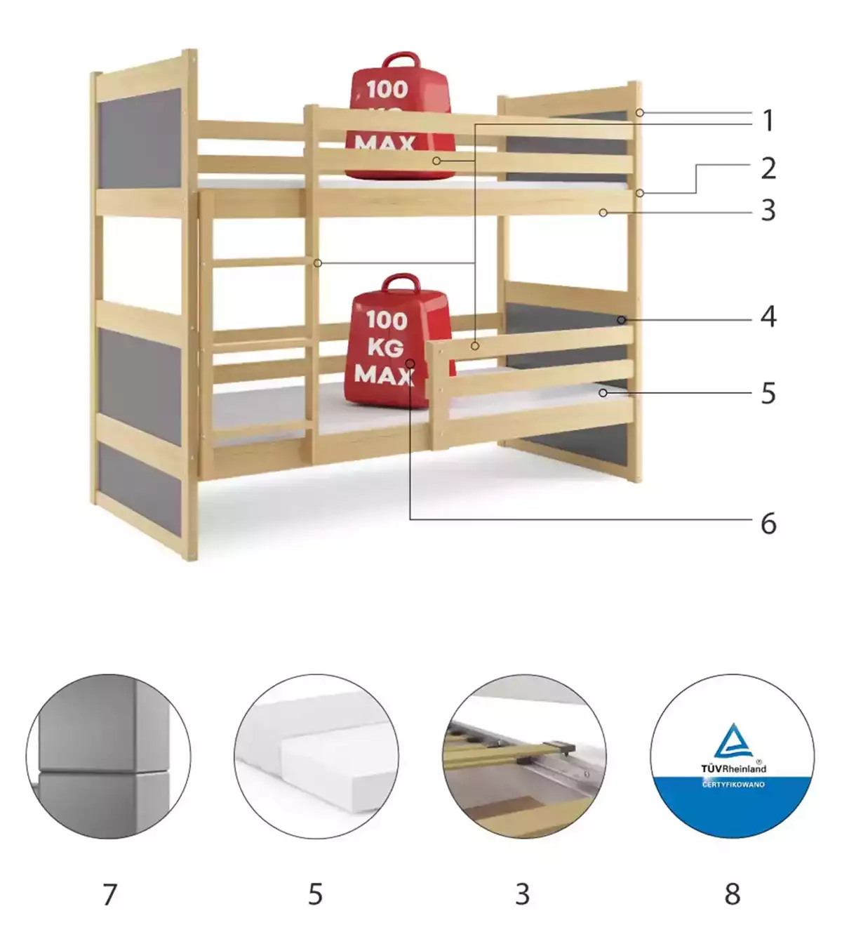 Komponenty pre mládež poschodová posteľ RICO 90X200 s matracom, borovica/grafit Komponenty pre mládež poschodová posteľ RICO 90X200 s matracom, borovica/grafit