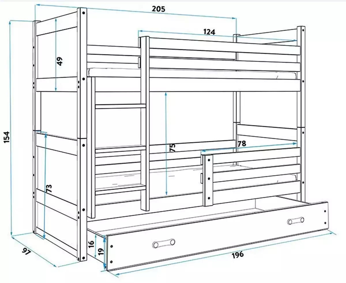 Rozmery a špecifikácie pre poschodovú posteľ RICO 90X200 pre teenagerov so zásuvkou, biela/zelená