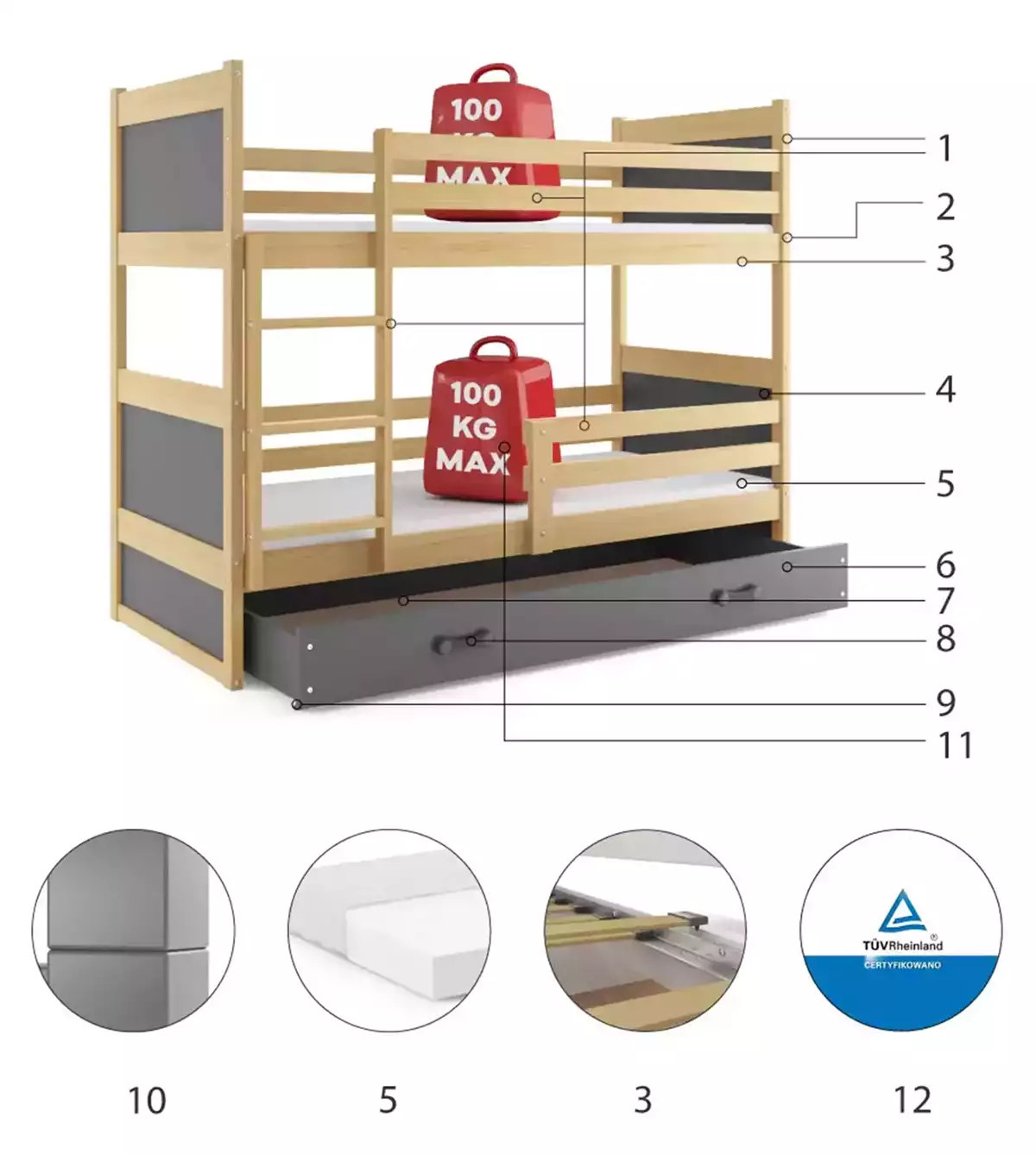 Komponenty na poschodovú posteľ pre mládež RICO 90X200 so zásuvkou, borovica/grafit