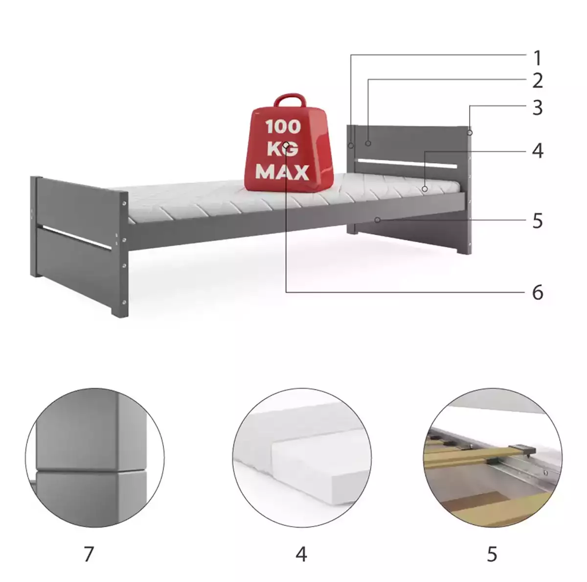 Komponenty pre detskú jednolôžkovú posteľ BARTEK 90X200, grafit