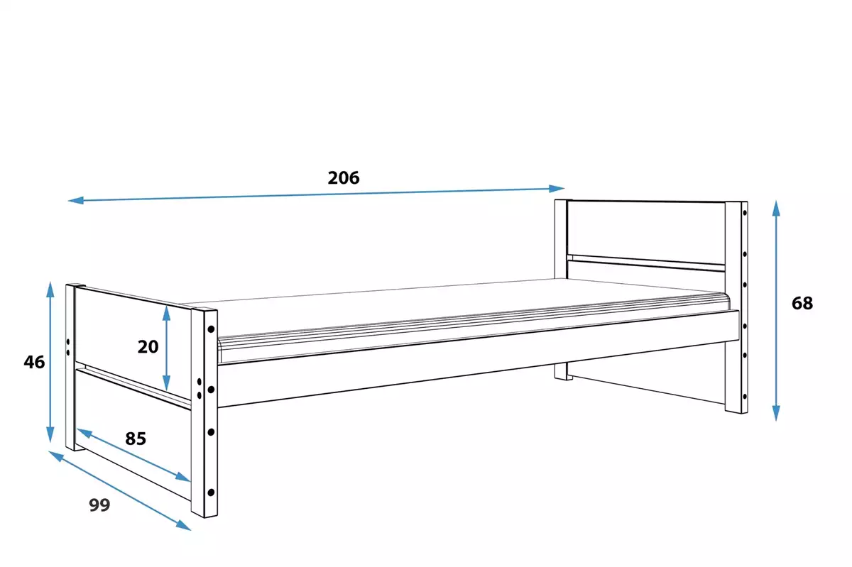 Rozmery a špecifikácie pre detskú jednolôžkovú posteľ BARTEK 90X200 s matracom, biela