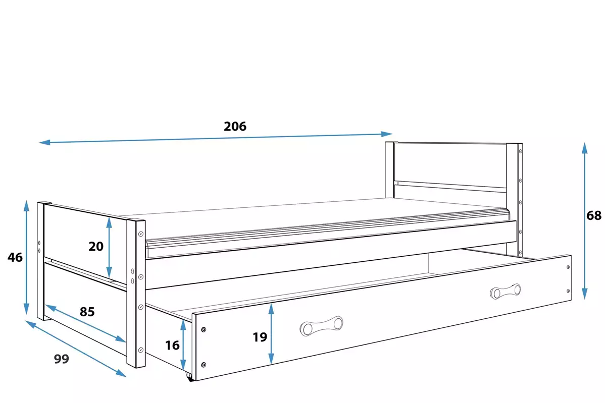 Rozmery a špecifikácie pre detskú jednolôžkovú posteľ BARTEK 90X200 so zásuvkou, biela