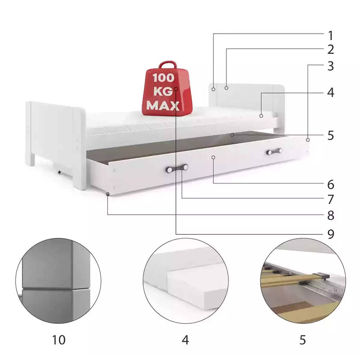 Komponenty pre detskú jednolôžkovú posteľ DAREK 80X200 s matracom a zásuvkou, biela