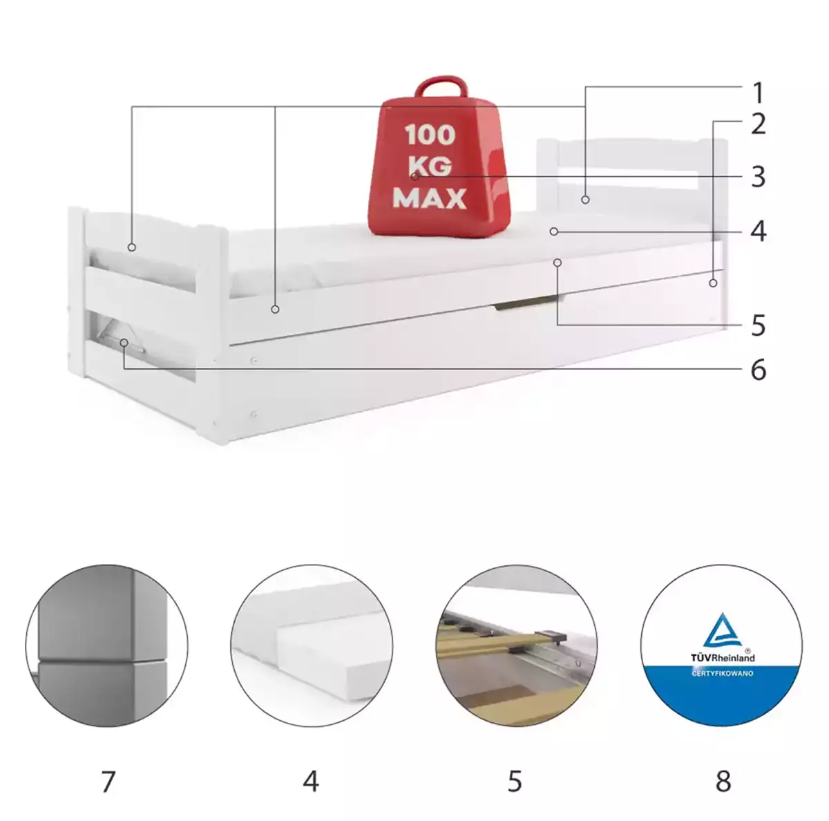 Komponenty pre detskú jednolôžkovú posteľ ERNI 90X200 s matracom a kontajnerom, biela