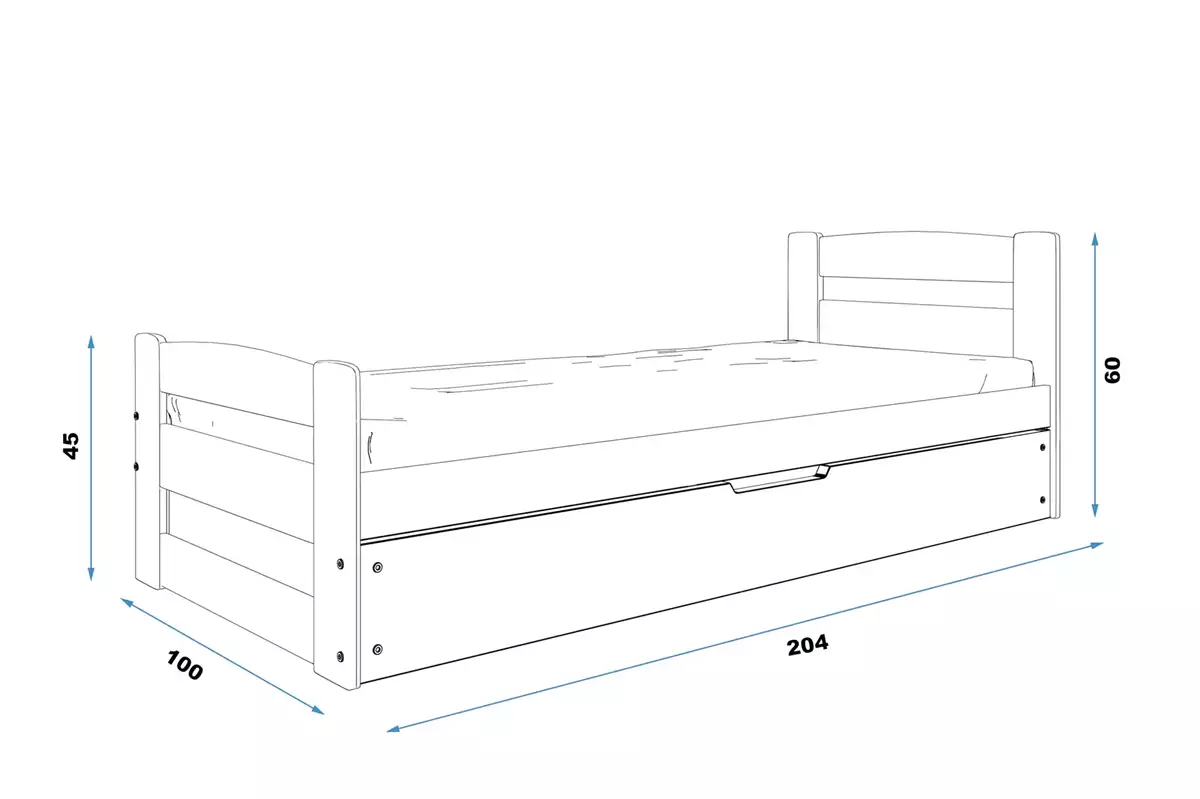 Rozmery a špecifikácie pre ERNI jednolôžkovú posteľ pre mládež 90X200 s matracom a kontajnerom, biela