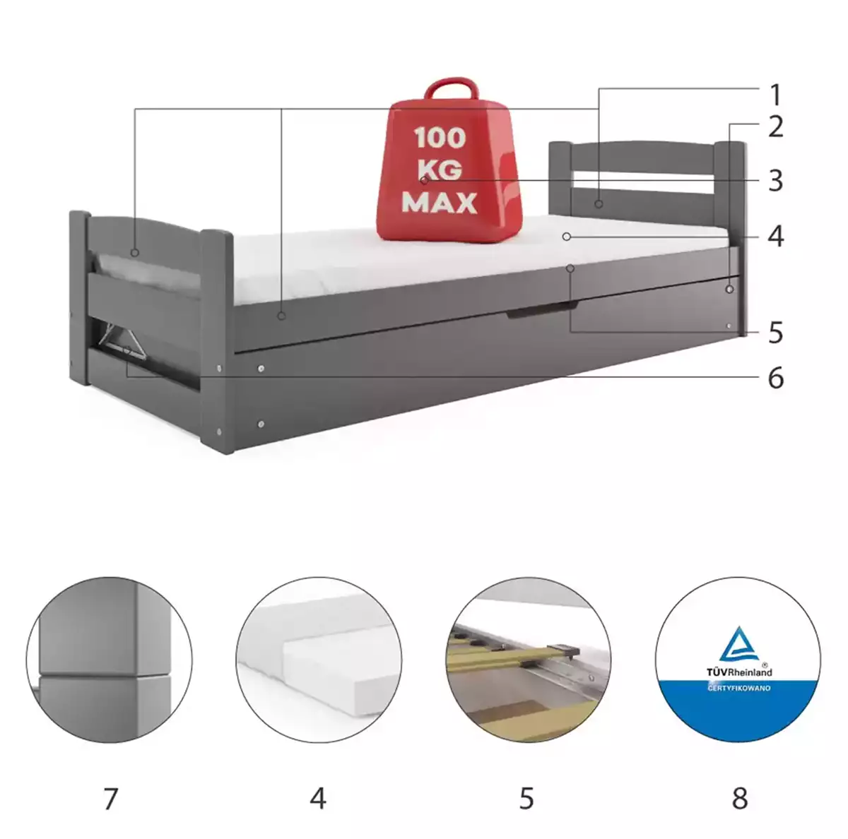 Komponenty pre detskú jednolôžkovú posteľ ERNI 90X200 s matracom a kontajnerom, grafit Komponenty pre detskú jednolôžkovú posteľ ERNI 90X200 s matracom a kontajnerom, grafit