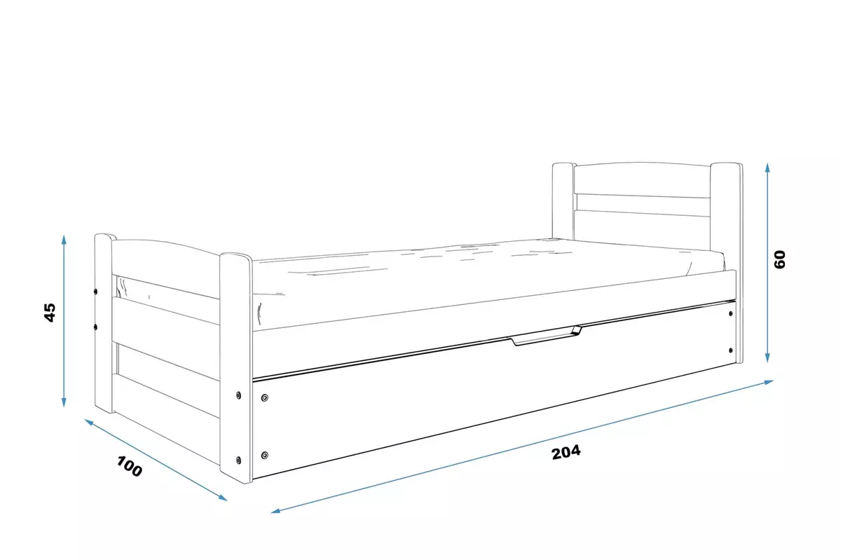 Rozmery a špecifikácie pre ERNI jednolôžkovú detskú posteľ 90X200 s kontajnerom, grafit