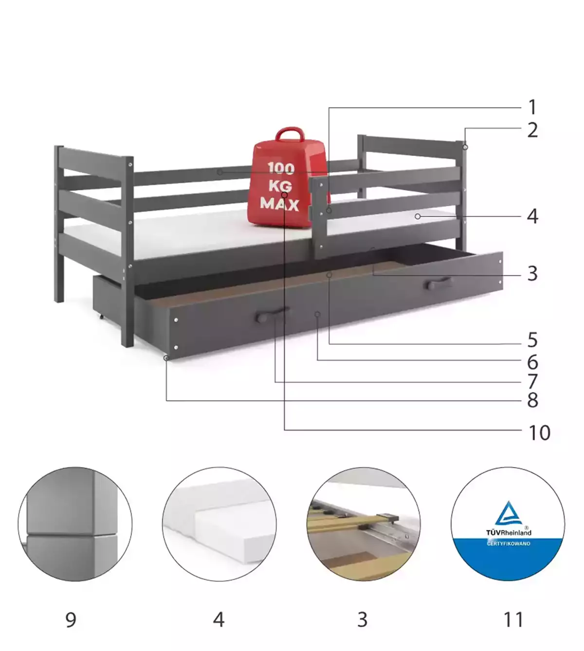 Komponenty pre detskú jednolôžkovú posteľ ERYK 80X190 s matracom a zásuvkou, grafit