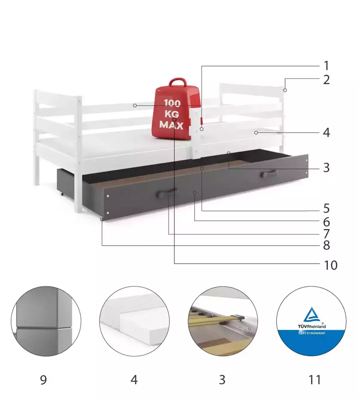 Komponenty pre detskú jednolôžkovú posteľ ERYK 80X190 so zásuvkou, biela/grafit