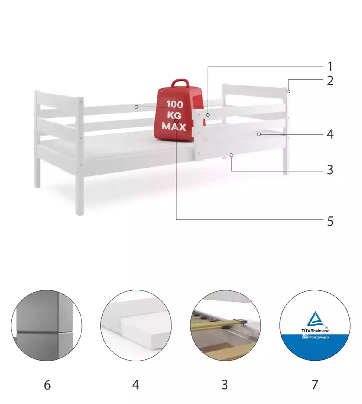 Komponenty pre detskú jednolôžkovú posteľ ERYK 90X200, biela