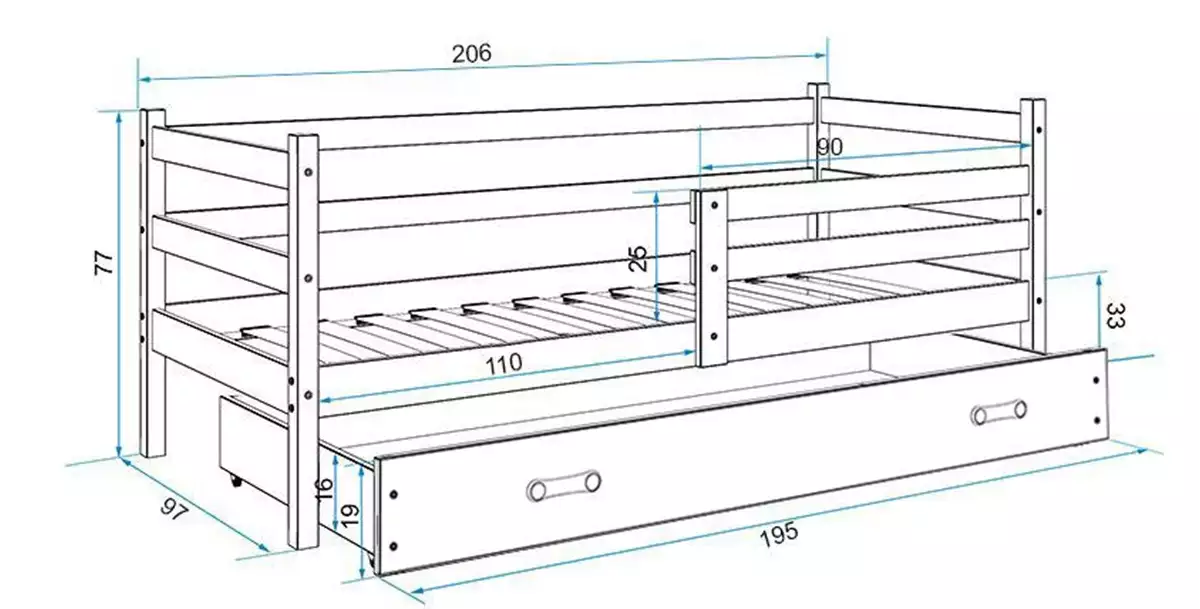 Rozmery a špecifikácie pre jednolôžkovú detskú posteľ ERYK 90X200 s matracom a zásuvkou, biela/grafit