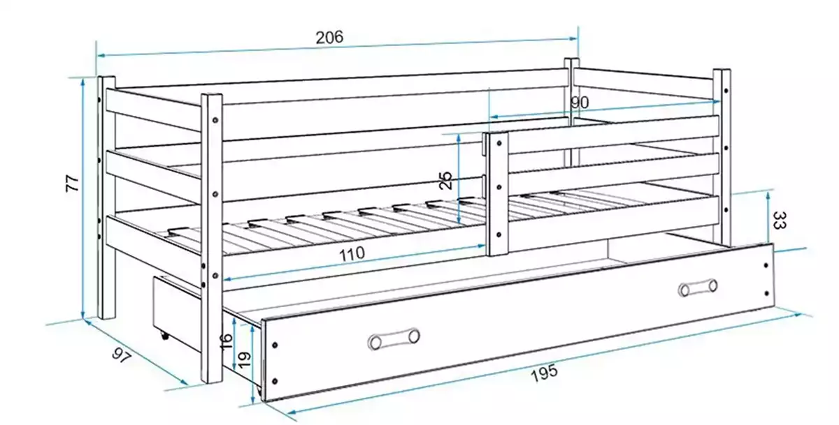 Rozmery a špecifikácie pre jednolôžkovú detskú posteľ ERYK 90X200 s matracom a zásuvkou, bielo/modrá