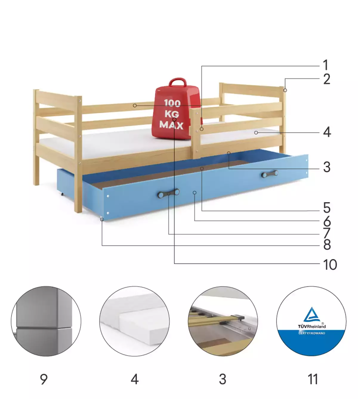 Komponenty pre detskú jednolôžkovú posteľ ERYK 90X200 so zásuvkou, borovica/modrá