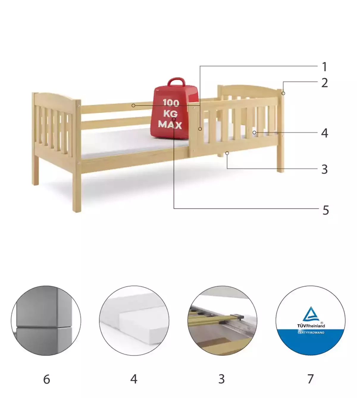 Komponenty pre jednolôžkovú detskú posteľ KUBUŚ 80X190, borovica