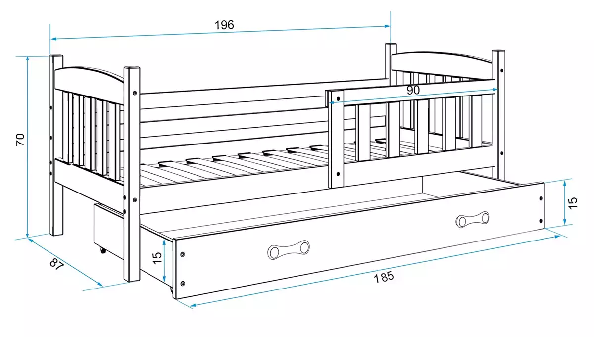 Rozmery a špecifikácie pre jednolôžkovú detskú posteľ KUBUŚ 80X190 so zásuvkou, borovica/zelená
