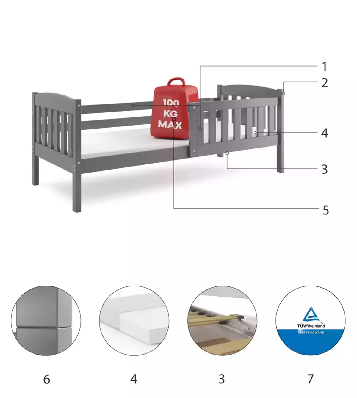 Komponenty pre Jednolôžkovú detskú posteľ KUBUŚ 90X200 s matracom, grafit