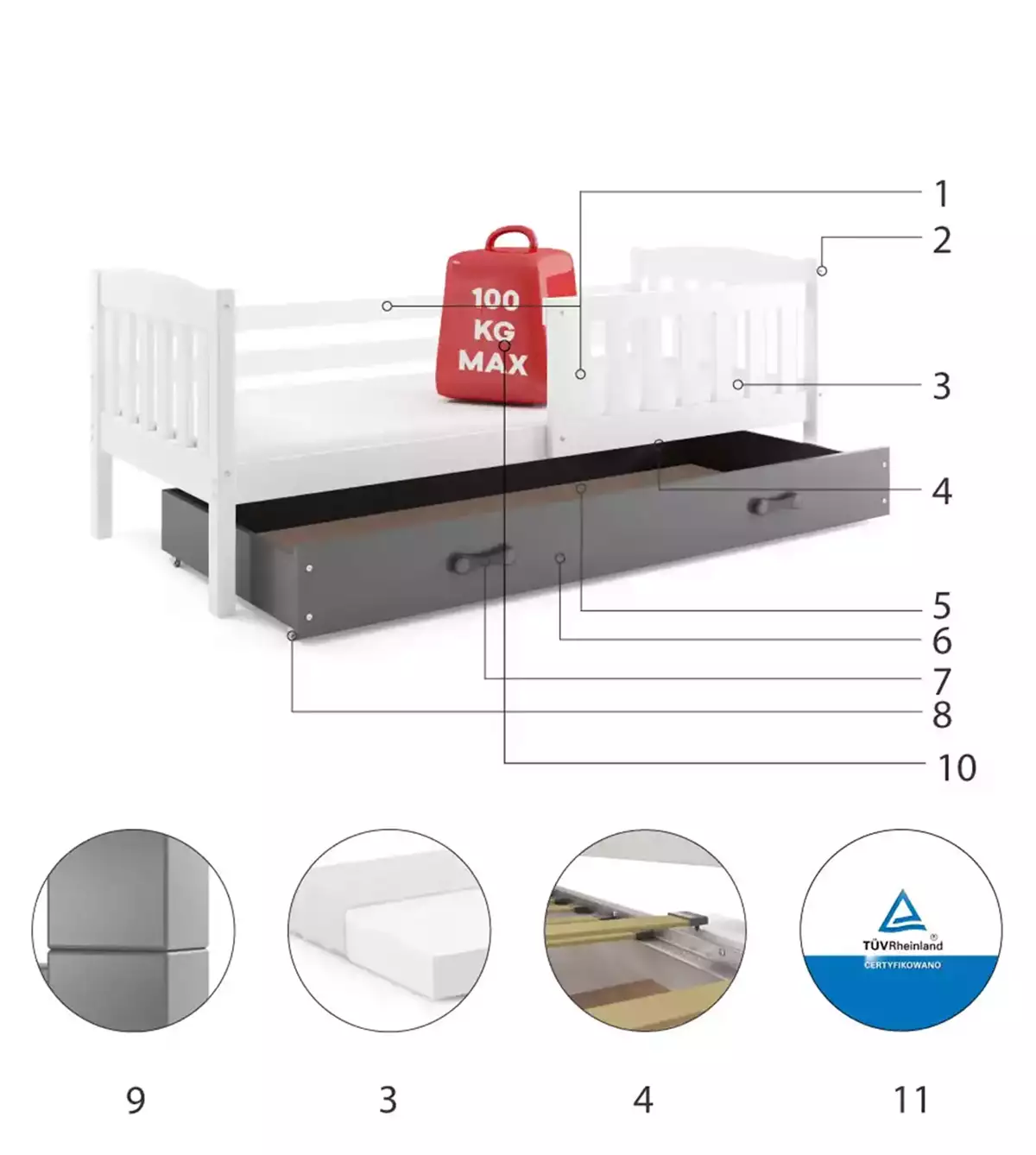 Komponenty pre jednolôžkovú detskú posteľ KUBUŚ 90X200 s matracom a zásuvkou, biela/grafitová Komponenty pre jednolôžkovú detskú posteľ KUBUŚ 90X200 s matracom a zásuvkou, biela/grafitová