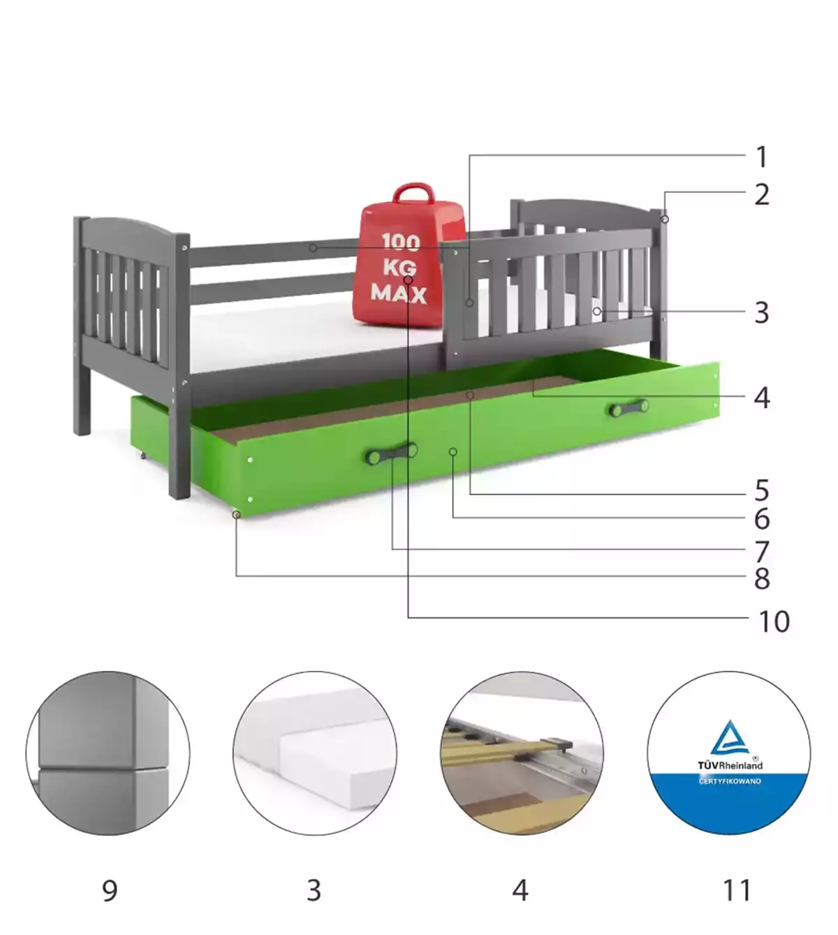 Komponenty pre jednolôžkovú detskú posteľ KUBUŚ 90X200 s matracom a zásuvkou, grafit/zelená Komponenty pre jednolôžkovú detskú posteľ KUBUŚ 90X200 s matracom a zásuvkou, grafit/zelená