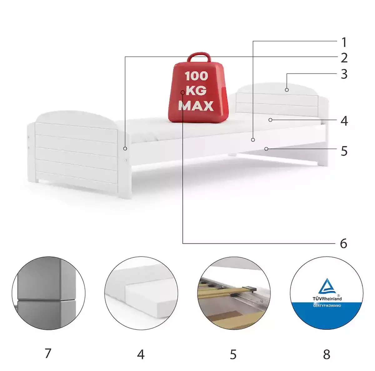 Komponenty pre detskú jednolôžkovú posteľ LILI 90X200, biela