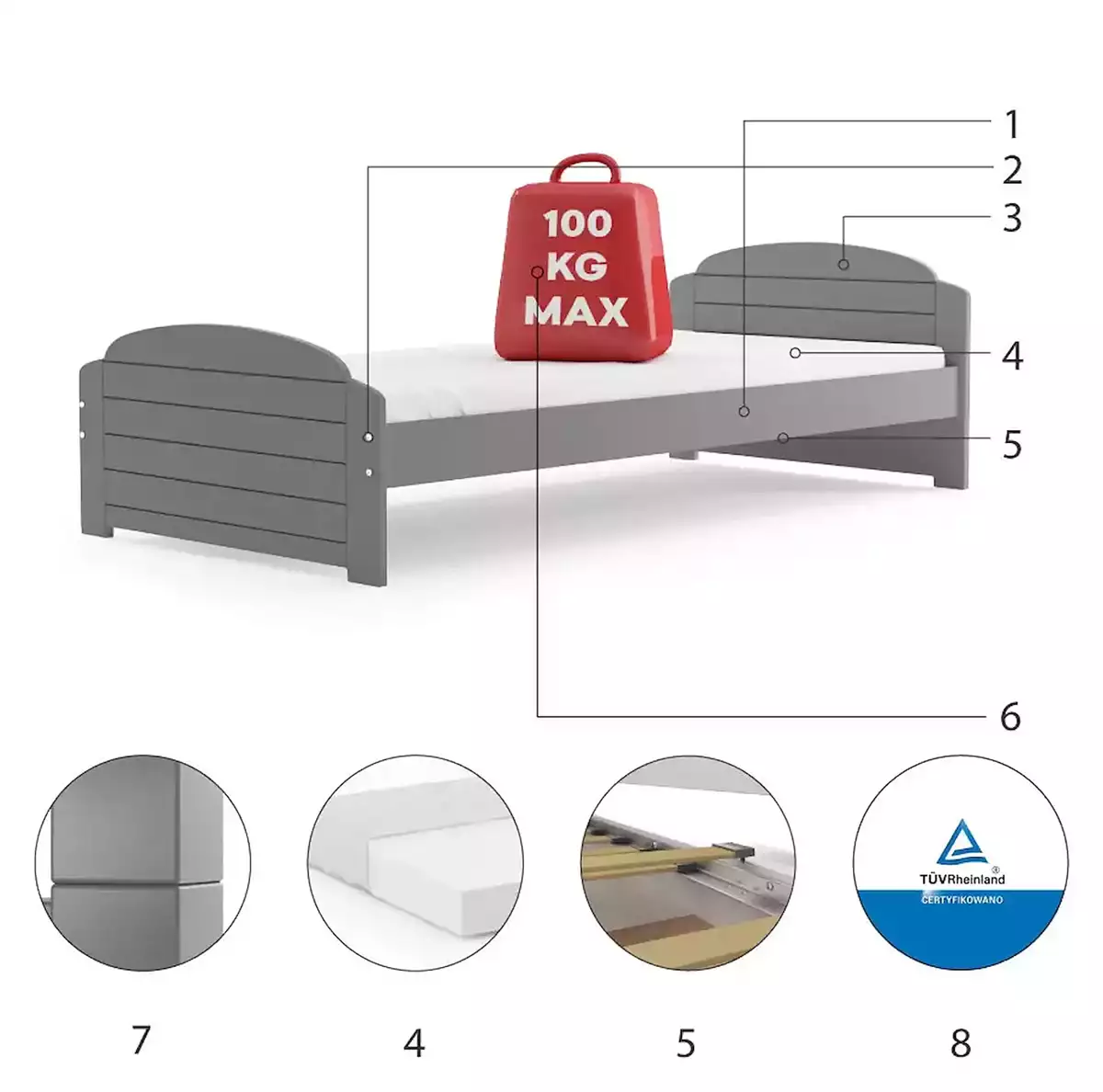 Komponenty pre detskú jednolôžkovú posteľ LILI 90X200, grafit