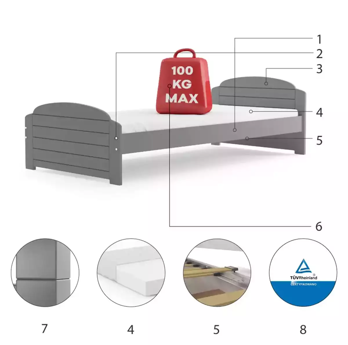 Komponenty pre detskú jednolôžkovú posteľ LILI 90X200 s matracom, grafit