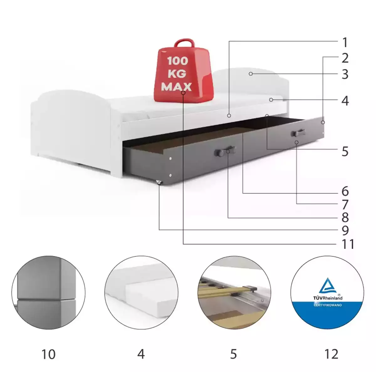 Komponenty pre detskú jednolôžkovú posteľ LILI 90X200 s matracom a zásuvkou, biela/grafit