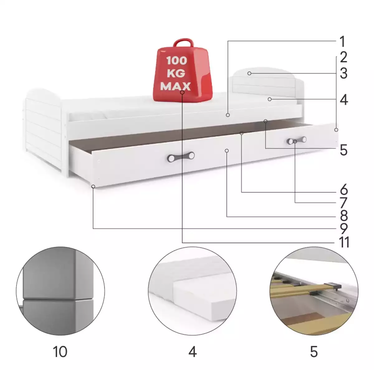 Komponenty pre jednolôžkovú detskú posteľ LILI 90X200 s matracom a zásuvkou, grafit/biela