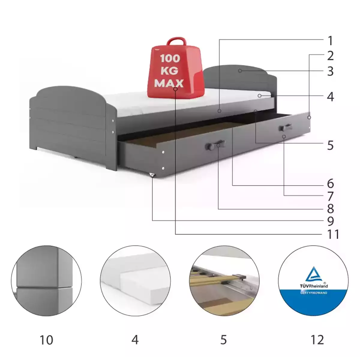 Komponenty pre detskú jednolôžkovú posteľ LILI 90X200 s matracom a zásuvkou, grafit