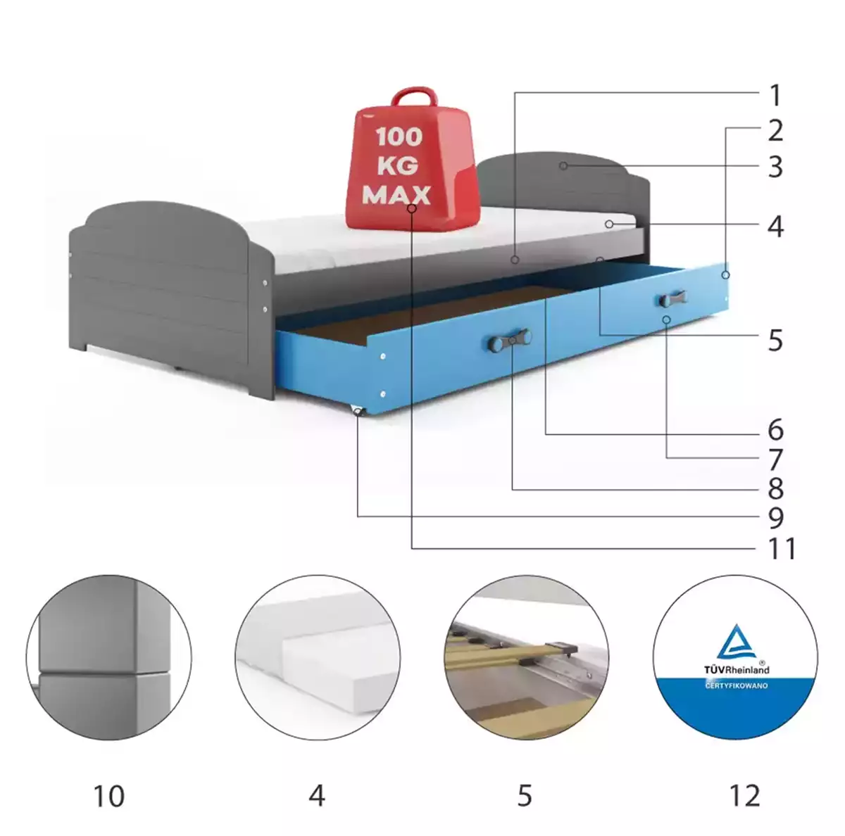 Komponenty pre jednolôžkovú detskú posteľ LILI 90X200 s matracom a zásuvkou, grafit/modrá Komponenty pre jednolôžkovú detskú posteľ LILI 90X200 s matracom a zásuvkou, grafit/modrá