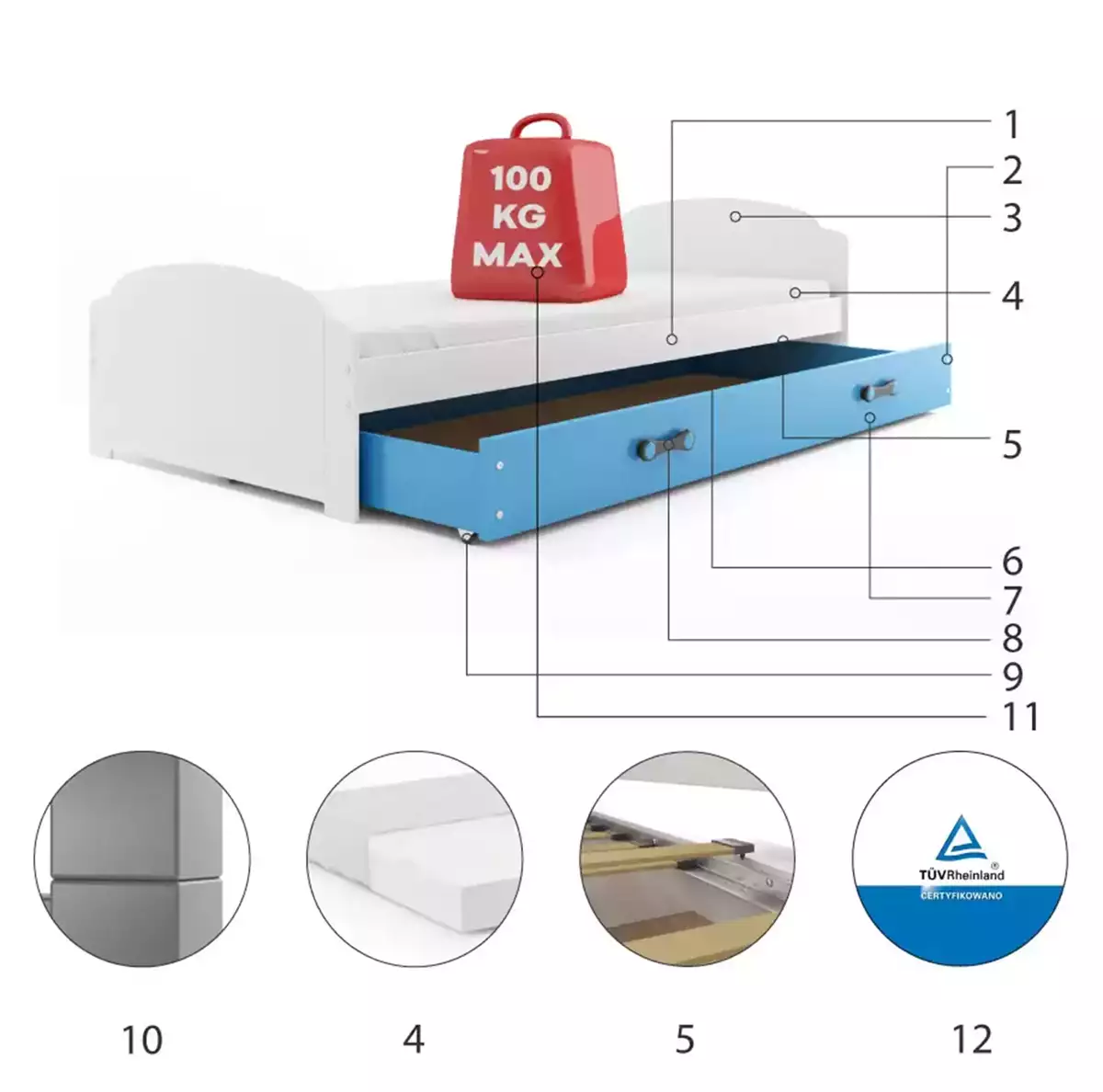 Komponenty na jednolôžkovú posteľ LILI pre tínedžerov 90X200 so zásuvkou, bielo/modrá Komponenty na jednolôžkovú posteľ LILI pre tínedžerov 90X200 so zásuvkou, bielo/modrá