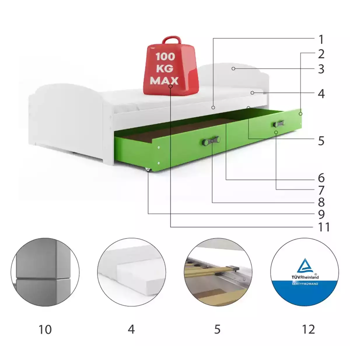 Komponenty pre detskú jednolôžkovú posteľ LILI 90X200 so zásuvkou, biela/zelená