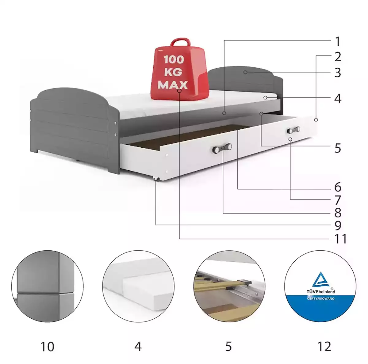 Komponenty pre detskú jednolôžkovú posteľ LILI 90X200 so zásuvkou, grafit/biela Komponenty pre detskú jednolôžkovú posteľ LILI 90X200 so zásuvkou, grafit/biela