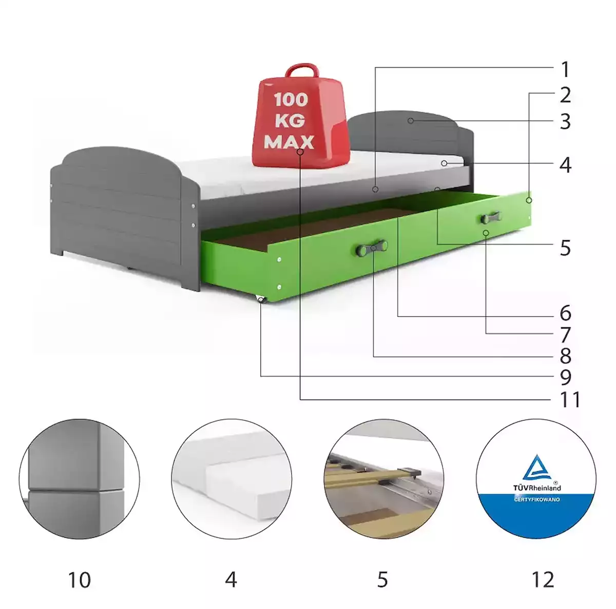 Komponenty pre detskú jednolôžkovú posteľ LILI 90X200 so zásuvkou, grafit/zelená Komponenty pre detskú jednolôžkovú posteľ LILI 90X200 so zásuvkou, grafit/zelená